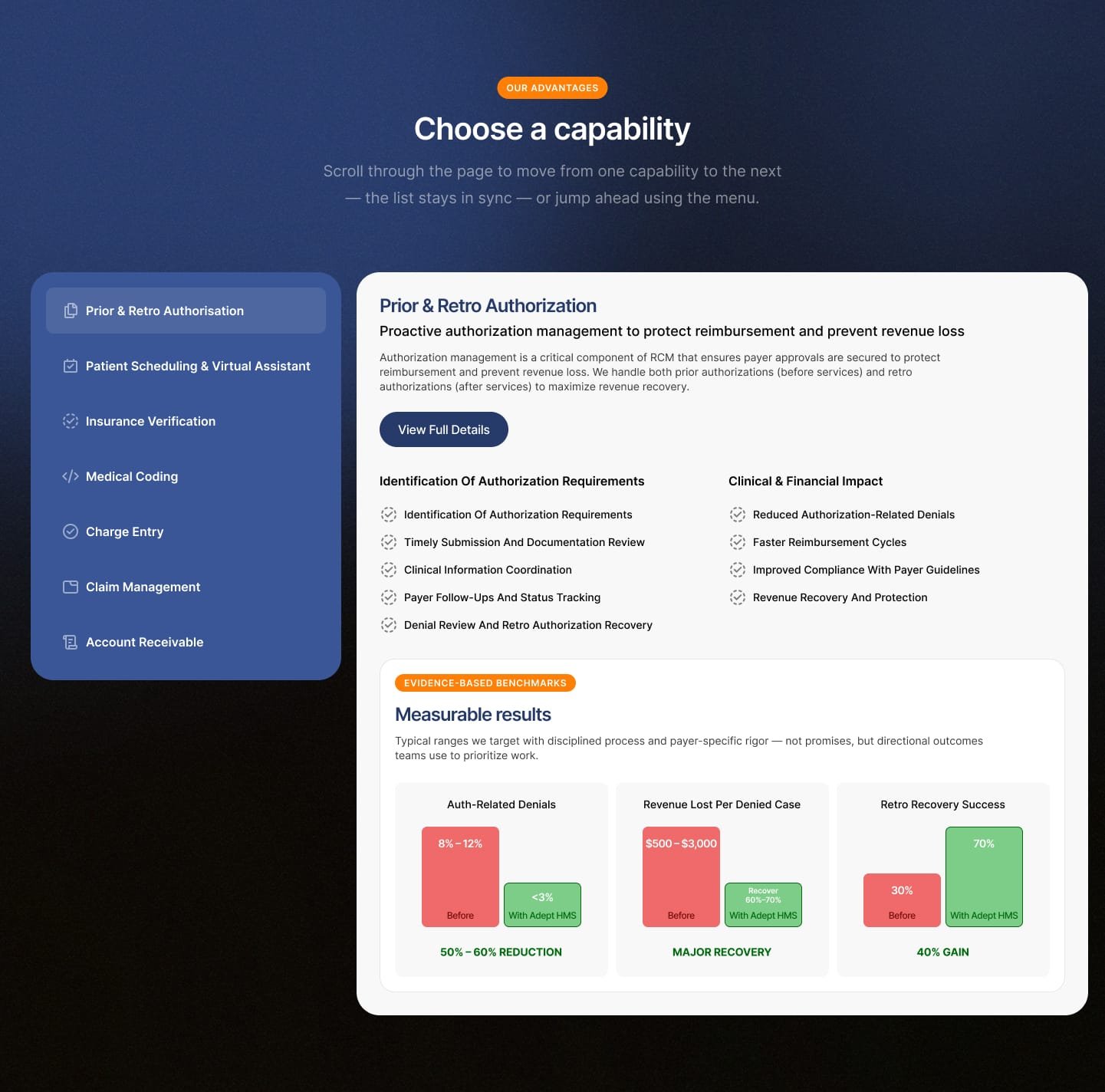 Adept HMS healthcare operations website our advantage section